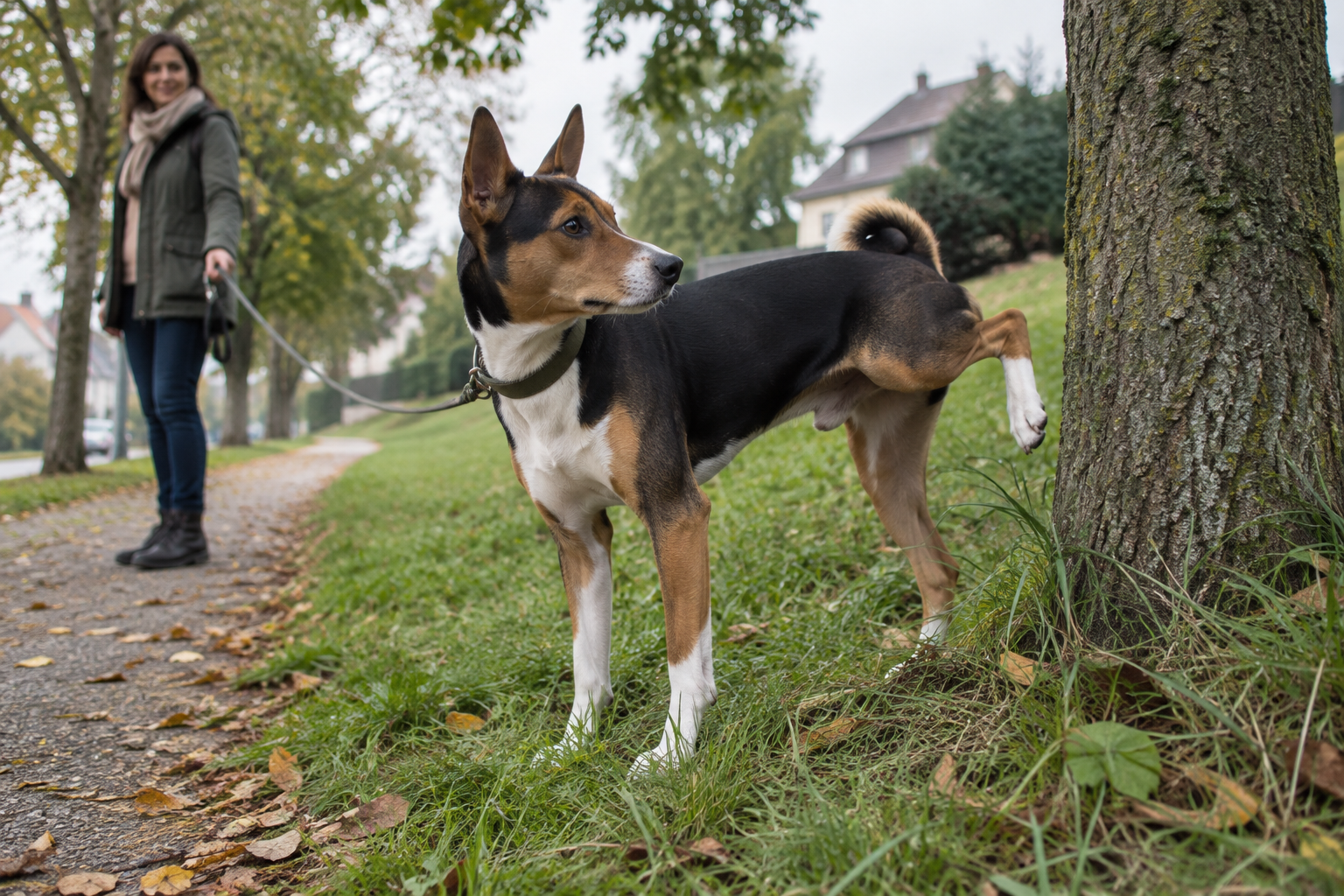 Basenji počas venčenia opakovane zastavuje a močí pri tráve